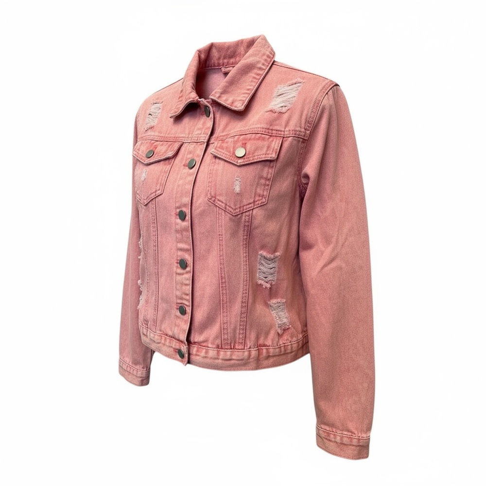 Trendy Pink Distressed Denim Jacket – Cute Casual Layering Piece Size Small